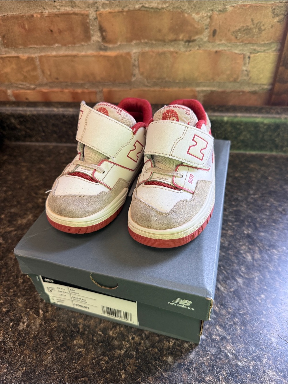 New Balance White and red Velcro Toddler Sneakers